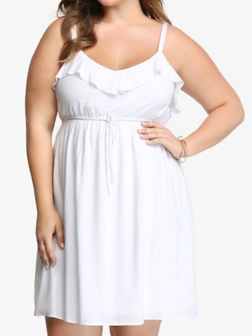 TORRID 1 Plus Size Ruffled Challis Sundress White Sleeveless Empire Waist Mini